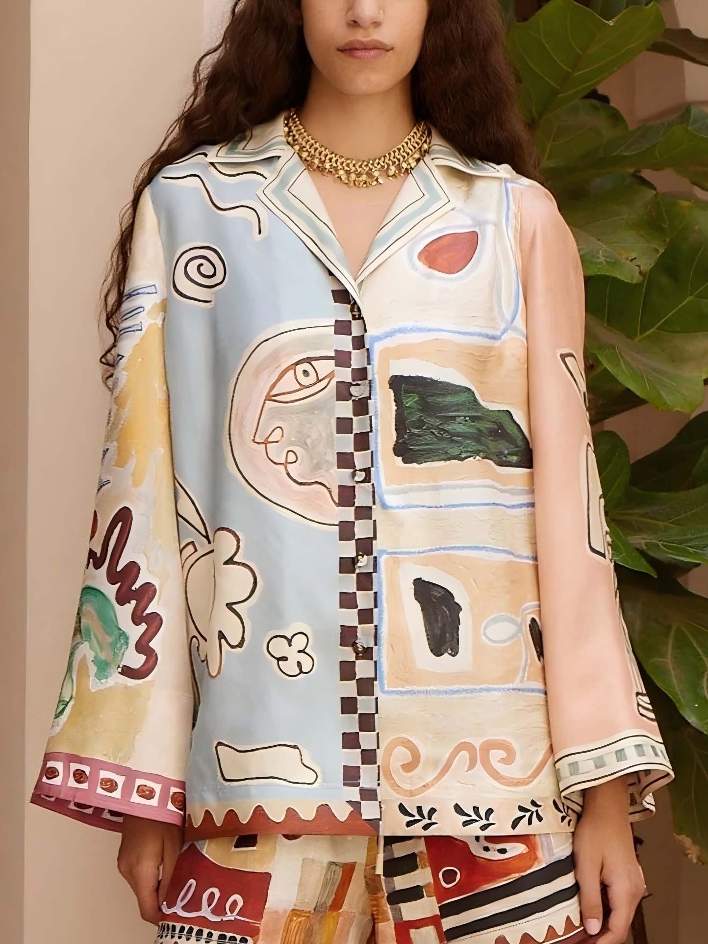 Unique Painted Print Long-sleeved Shorts Two-piece Set