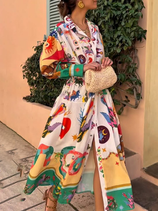 Unique Tarot Print Button-Up Shirt Maxi Dress