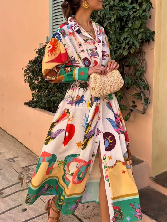 Unique Tarot Print Button-Up Shirt Maxi Dress