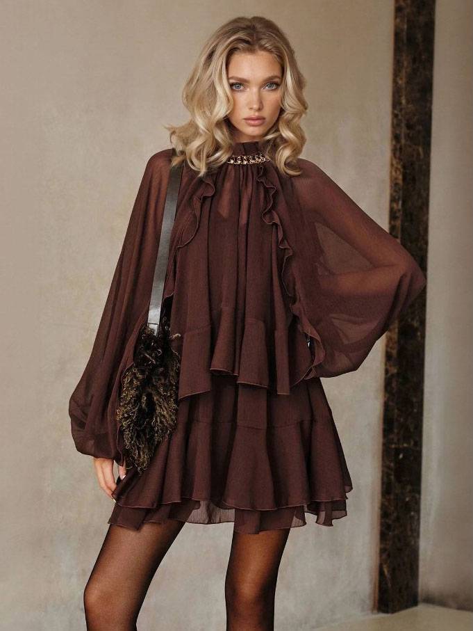 Semi-Sheer Chiffon Ruffle Shirt And Mini Dress Suit（Necklace Not Included）