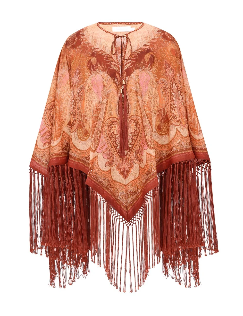 Rust Orange Boho Fringe Poncho Set – Paisley Print Kaftan Top & Wide-Leg Pants Co-ord