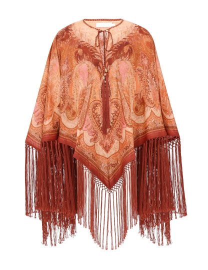 Rust Orange Boho Fringe Poncho Set – Paisley Print Kaftan Top & Wide-Leg Pants Co-ord
