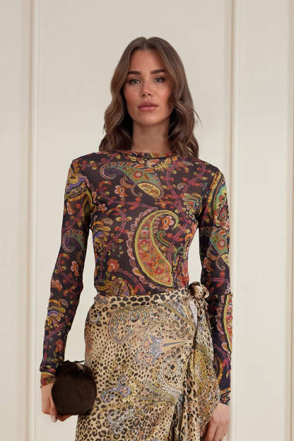 Exquisite Paisley Print Mesh Top