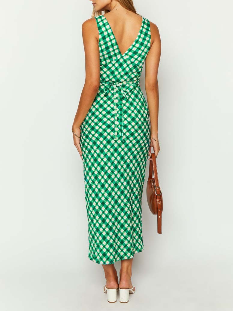 Vintage Green Plaid V-Neck Maxi Dress