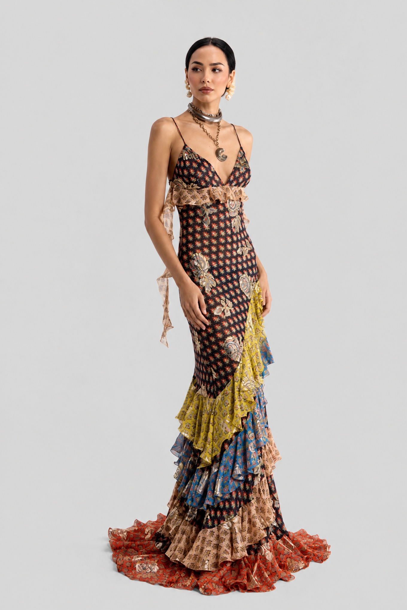 Vintage Contrast Printed V-Neck Fine Strap Irregular Lotus Leaf Fishtail Dress