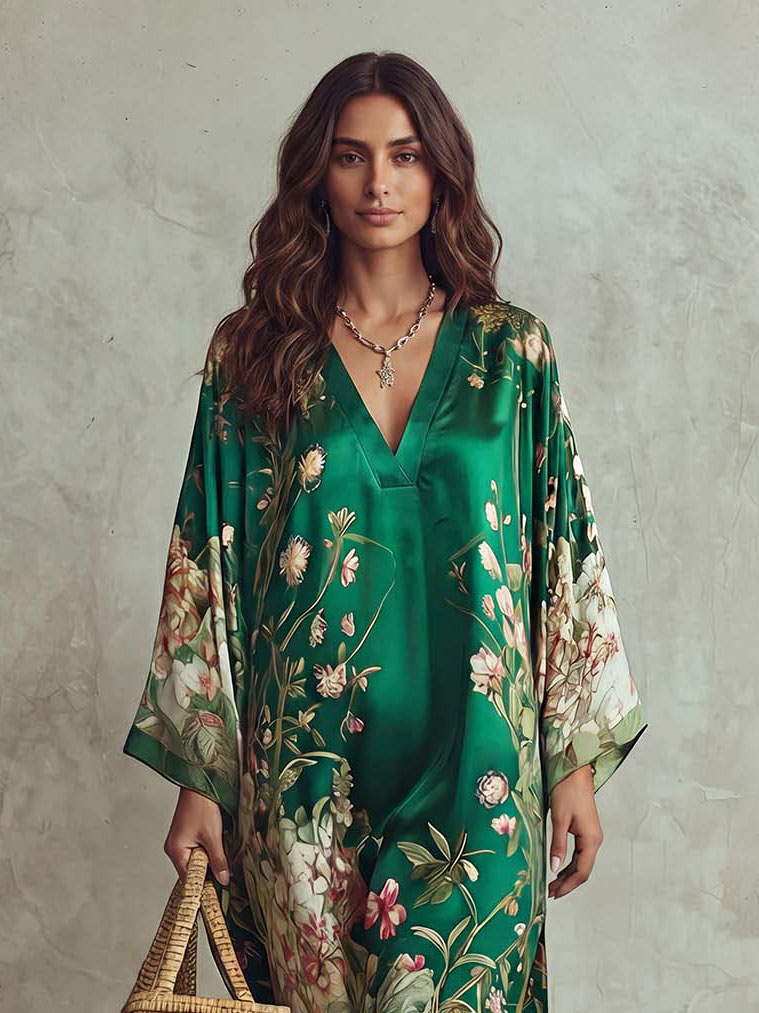 Elegant Floral Print Batwing Sleeve Maxi Dress
