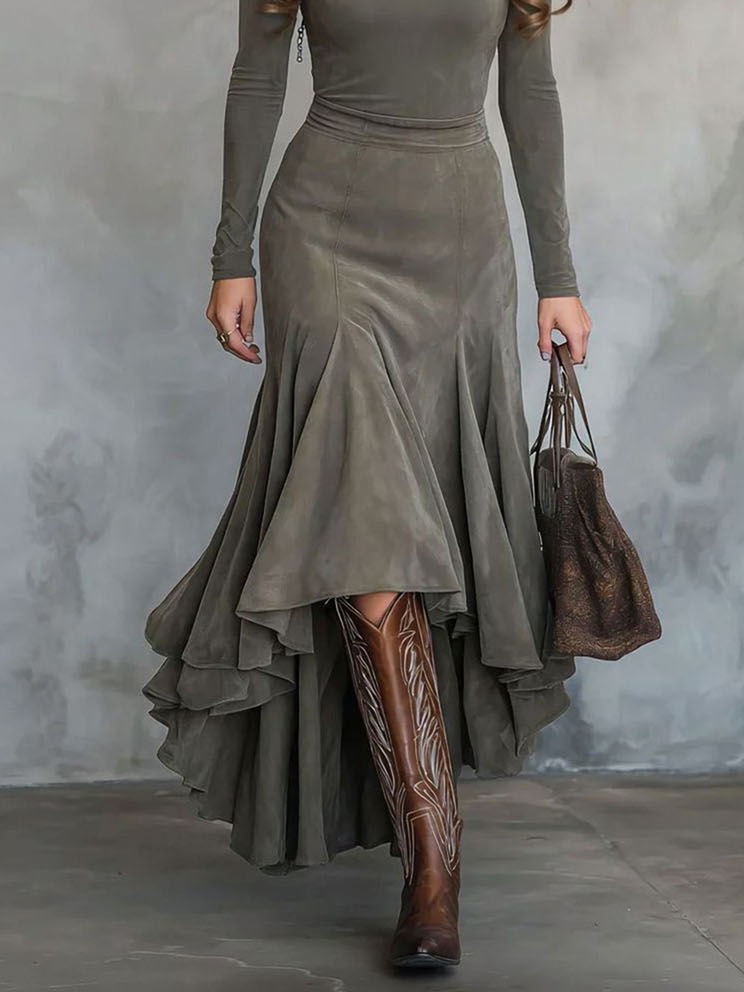 Retro Suede Irregular Midi Skirt Two-piece Set