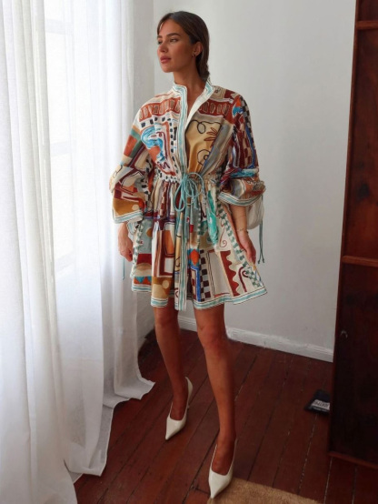 Unique Painted Pattern Print Lace-up Mini Dress