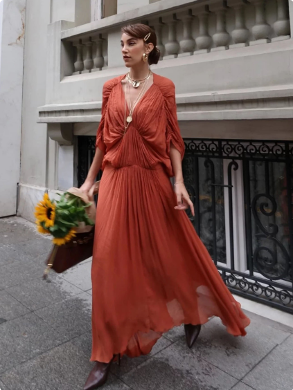 Clay Color Chiffon Elegant Long Dress