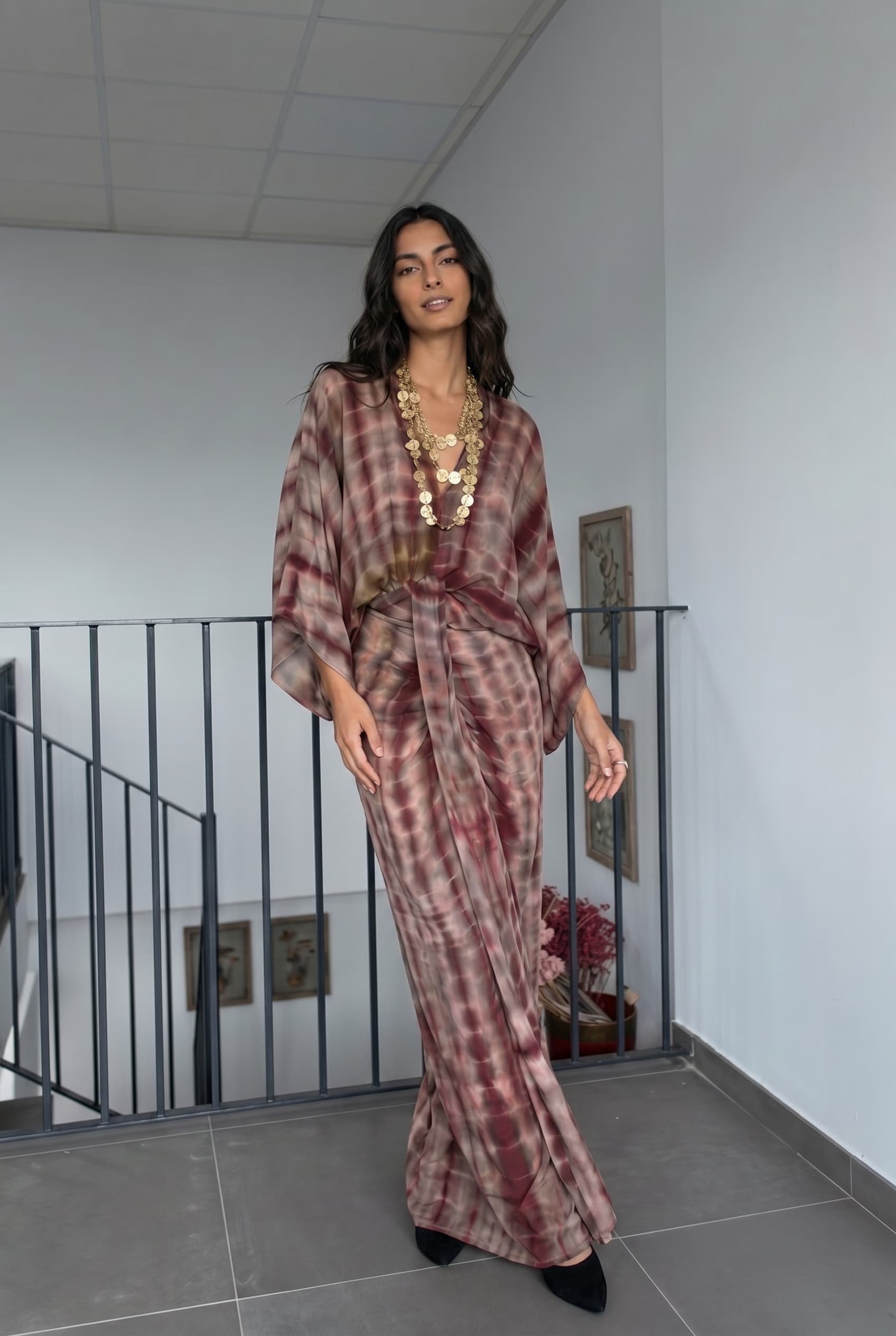 V-Neck Printed Slit Streamer Design Maxi Dress