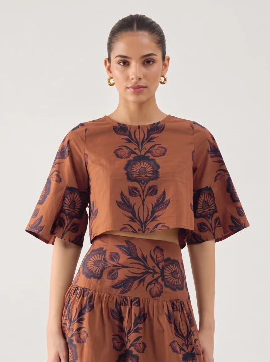 Folk Floral Print Fit-and-Flare Midi Dress