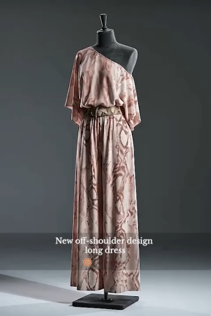 Snake Print One-Shoulder Top & Wide-Leg Pants Set