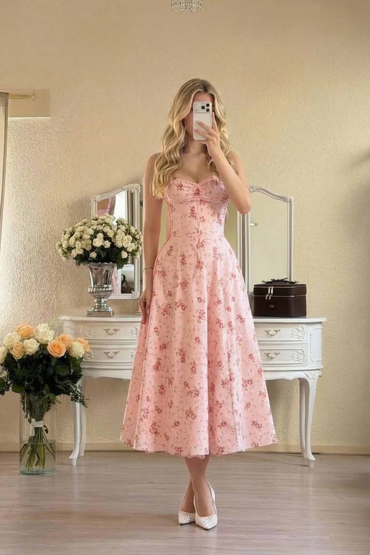 Floral Strap High-Waist A- Line Midi Dress