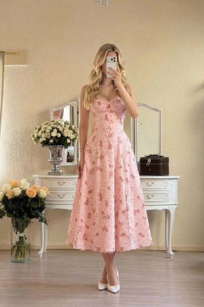 Floral Strap High-Waist A- Line Midi Dress