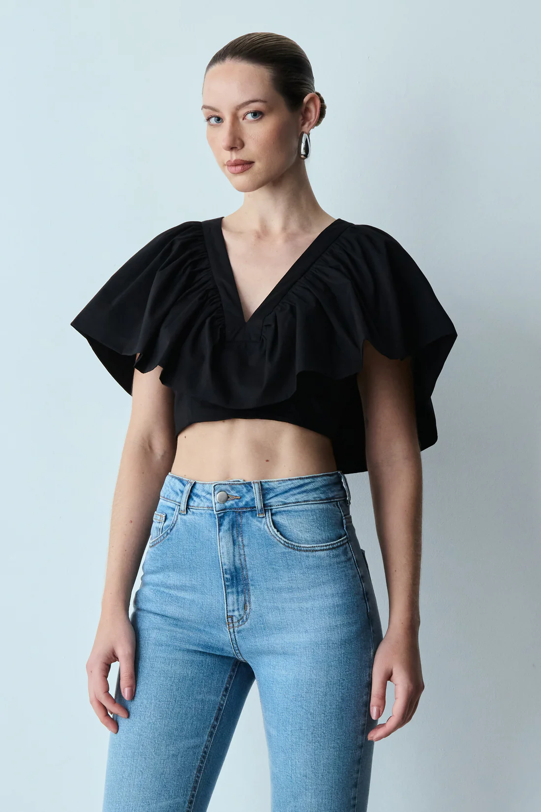 Black Overlay Puff Effect Short Sleeve Shirt