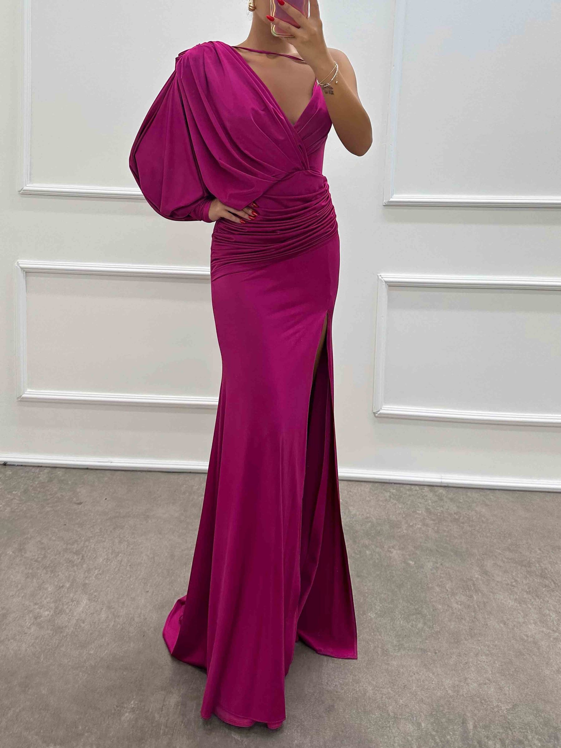 Fashion V-Neck Pleated Slit Sexy Maxi Dress