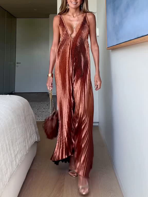 Elegant Pleated Deep V-neck Sleeveless Maxi Dress