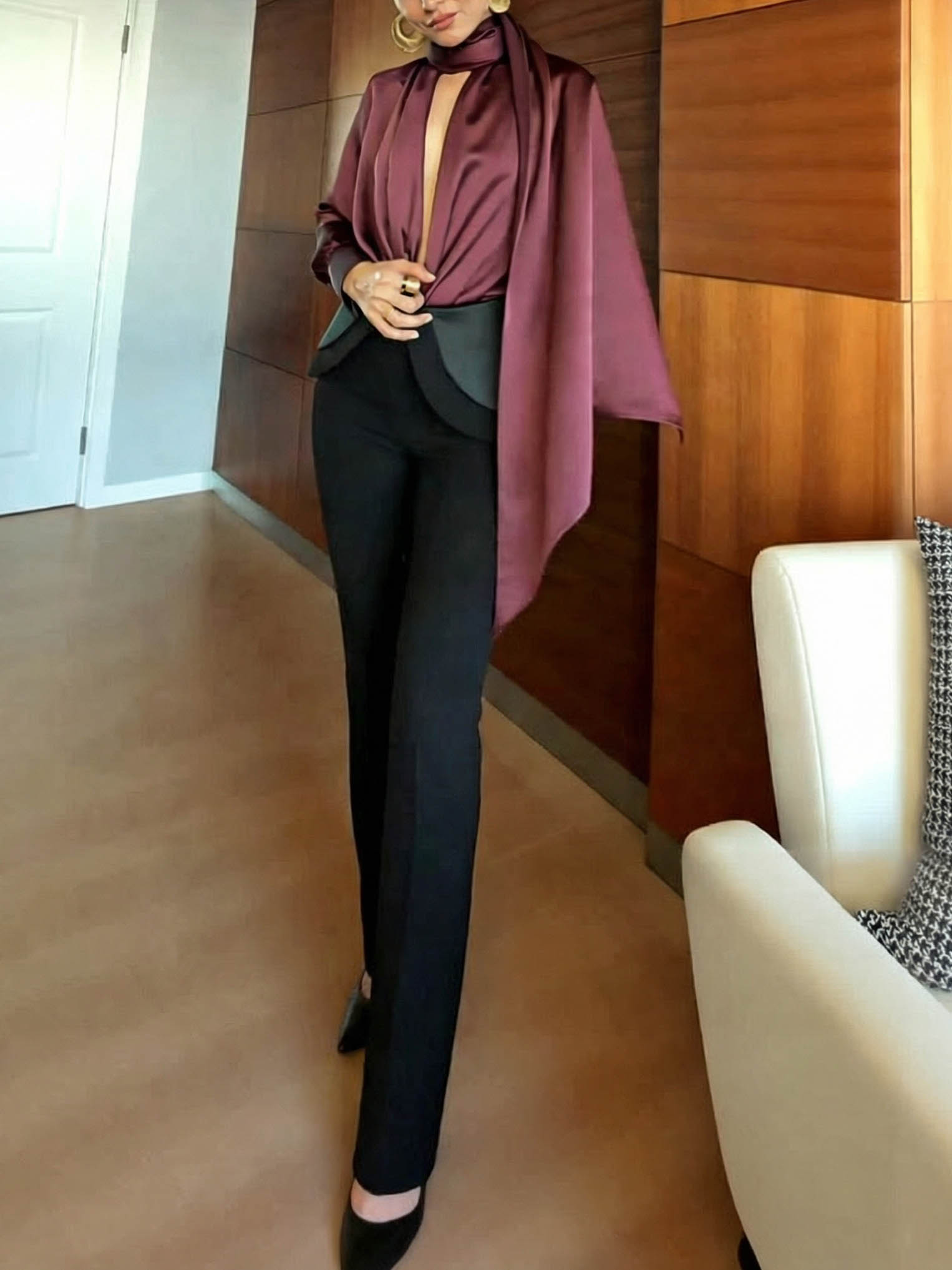 Elegant Satin Scarf Collar Bodysuit Two-piece Set