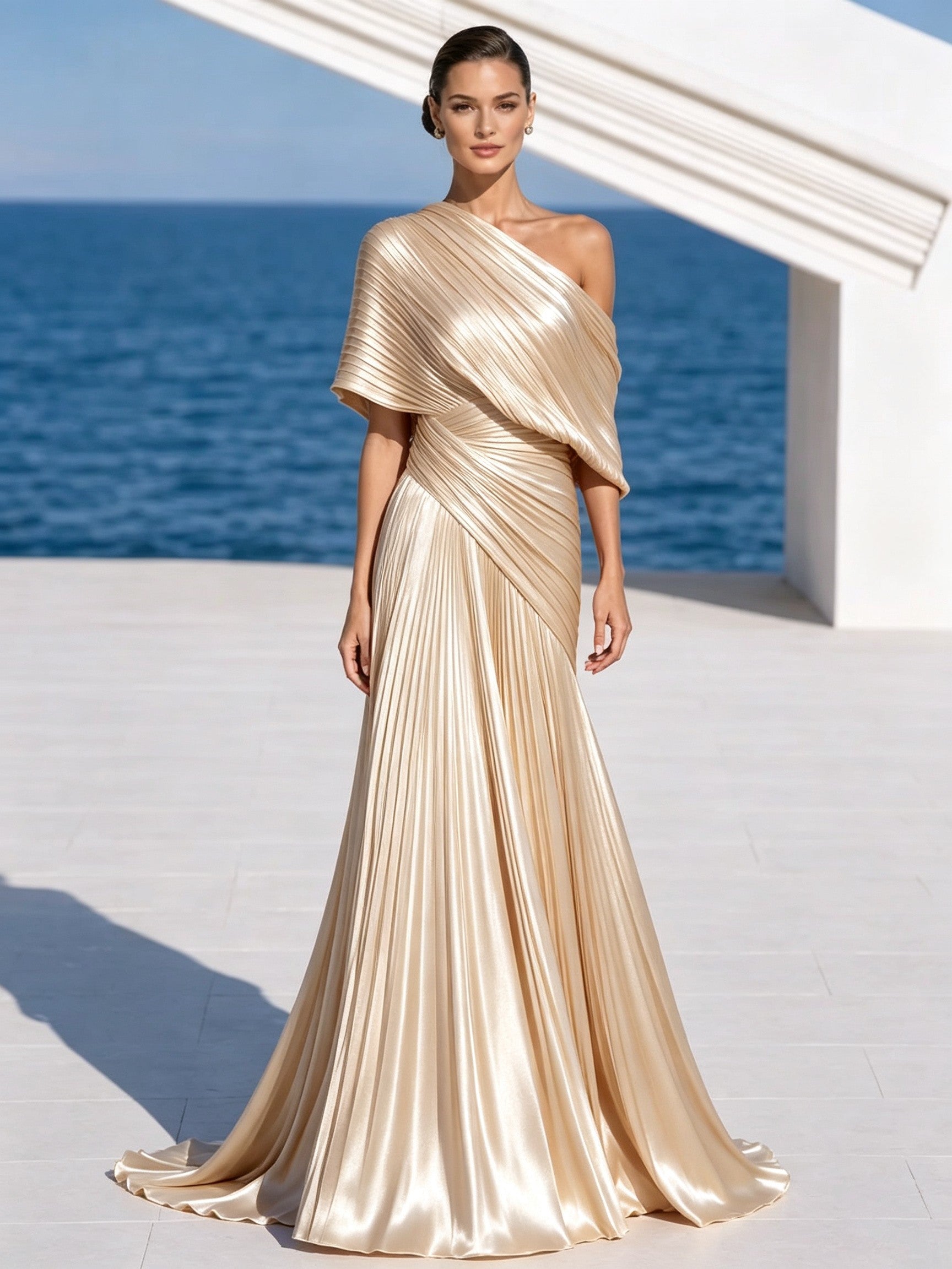 Vibrant Orange One-Shoulder Pleated Maxi Dress – Grecian Gown