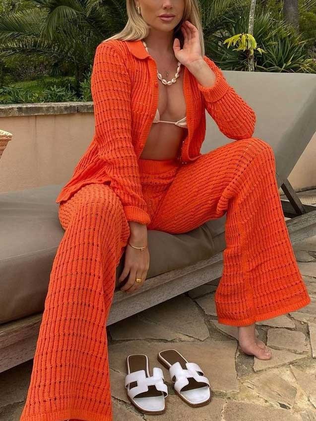 Casual Holiday Solid Color Knitted Loose Wide-leg Pants