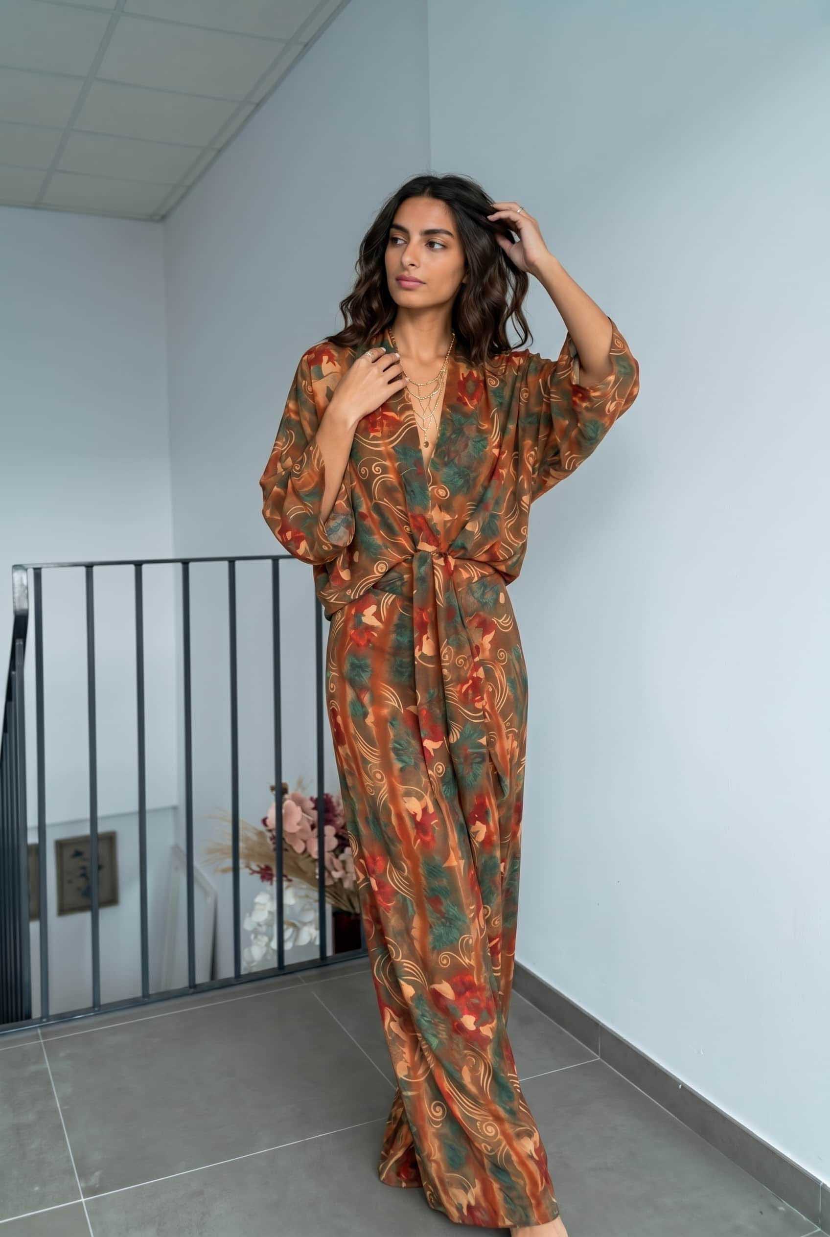 V-Neck Printed Slit Streamer Design Maxi Dress