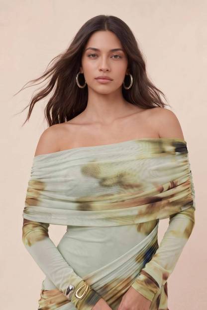 Printed Off-Shoulder Slit Maxi Dress