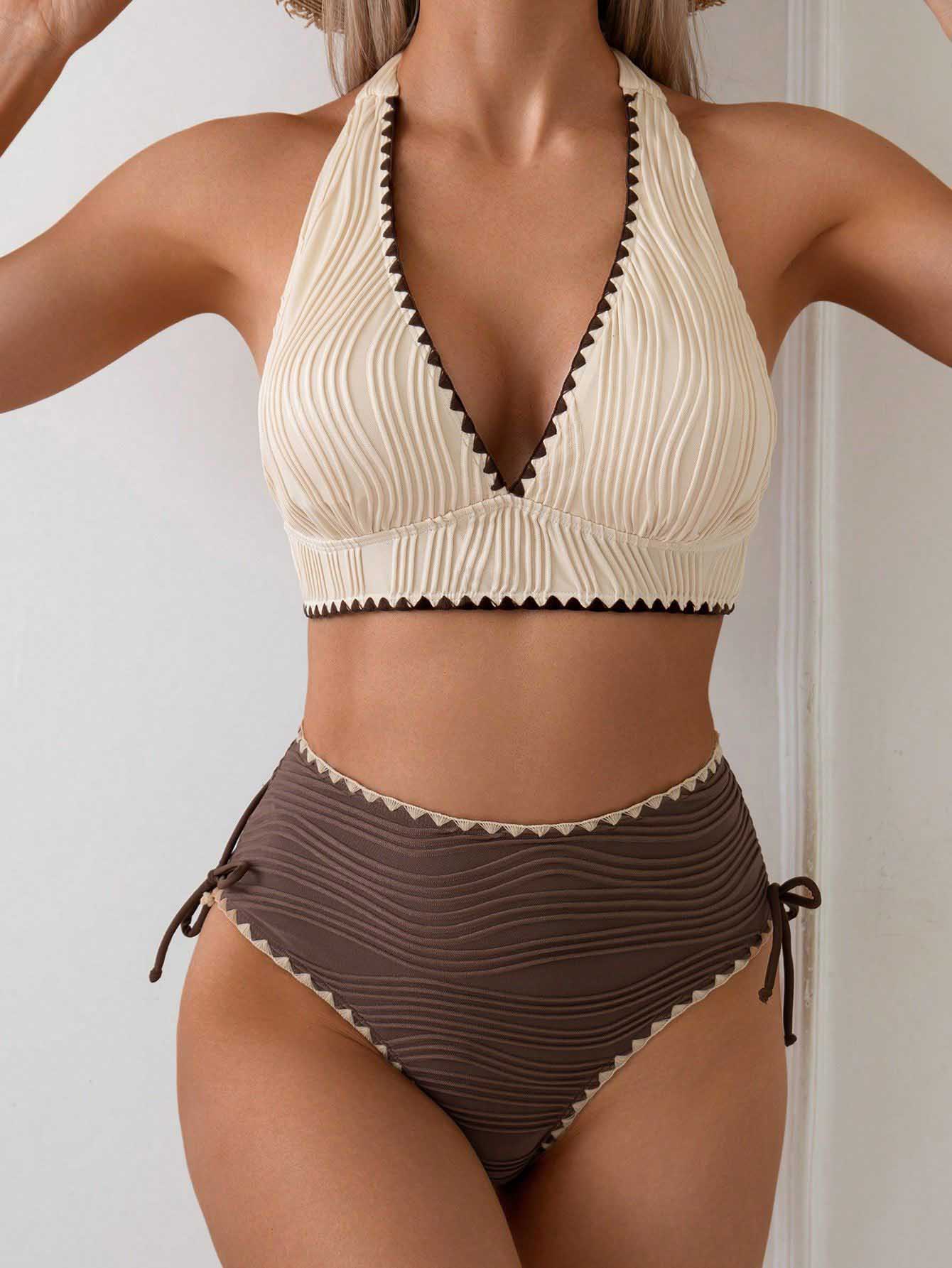 Retro Two-Tone High-Waisted Bikini Set