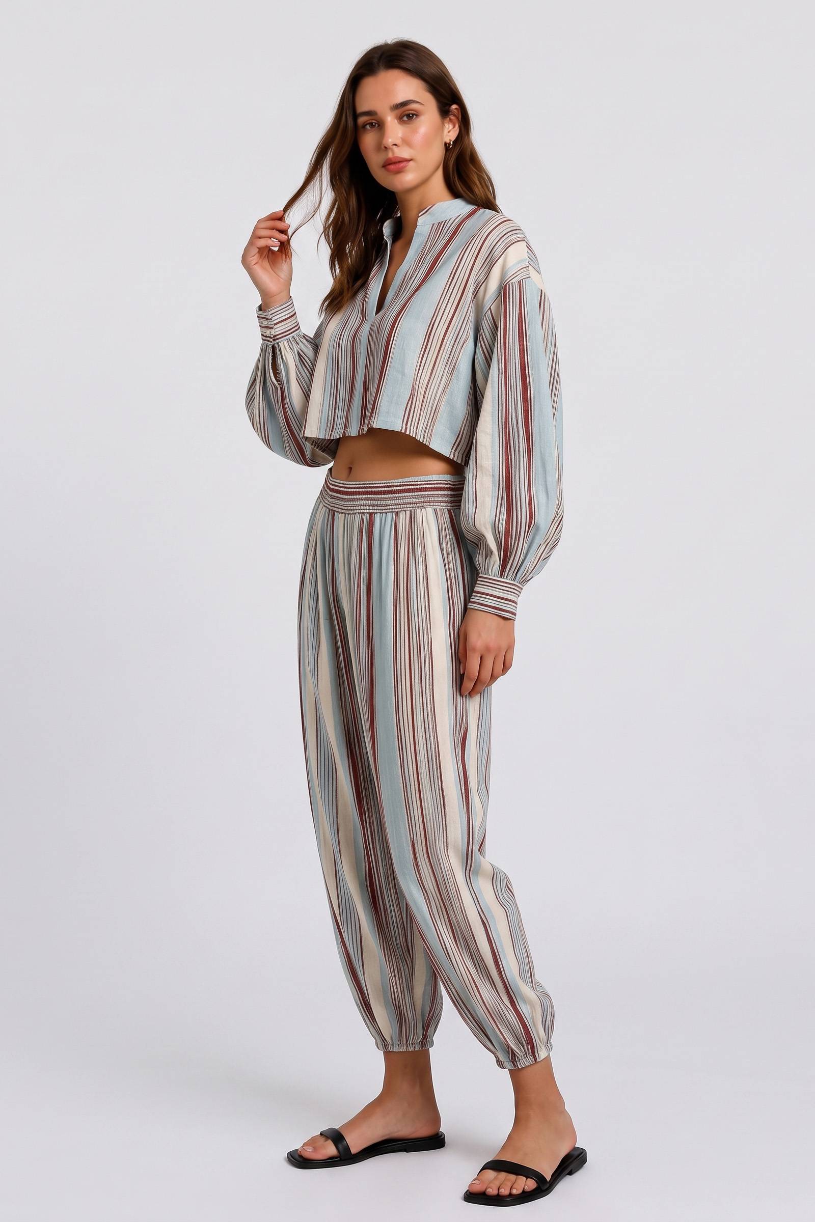 Puff Sleeve Top Leg Wide Leg Pants Retro Vertical Stripe Holiday Style Set