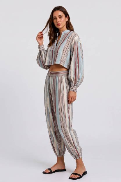 Puff Sleeve Top Leg Wide Leg Pants Retro Vertical Stripe Holiday Style Set