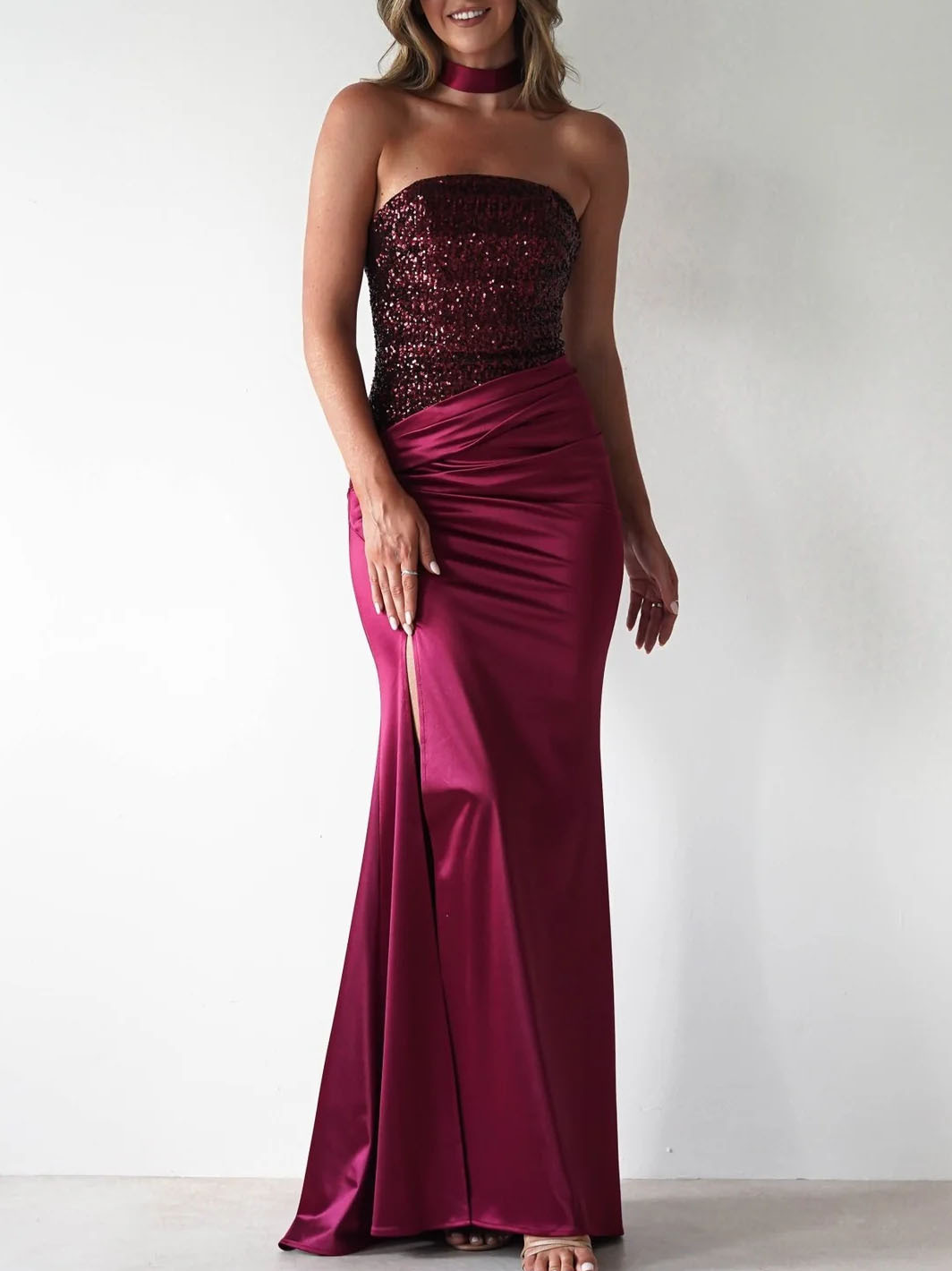 Elegant Sequined Satin Side Slit Dress