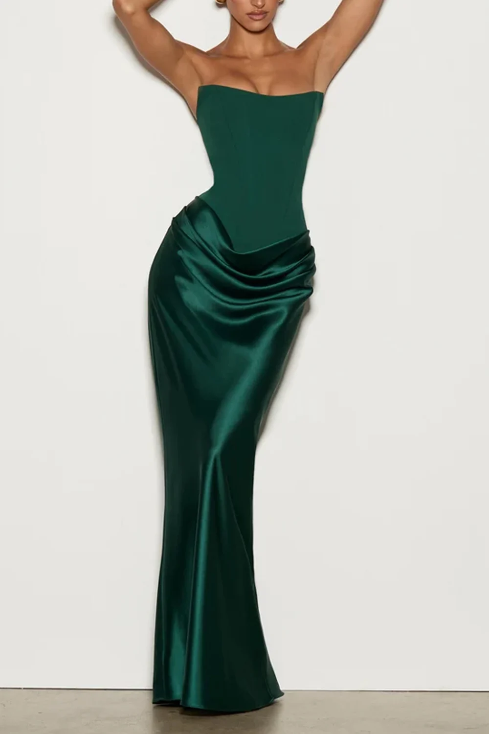 Strapless Corset Draped Satin Maxi Dress with Chiffon Neck Scarf