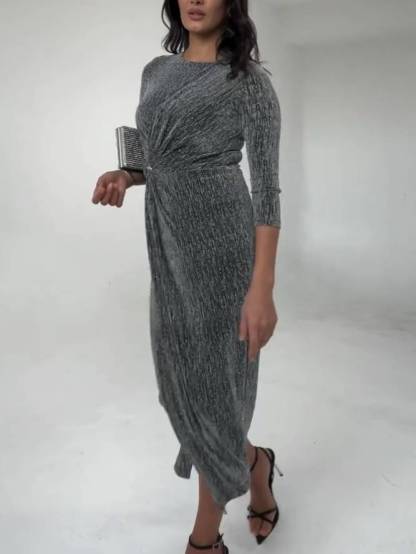 Shiny Pleated Slim-fit Midi Dress