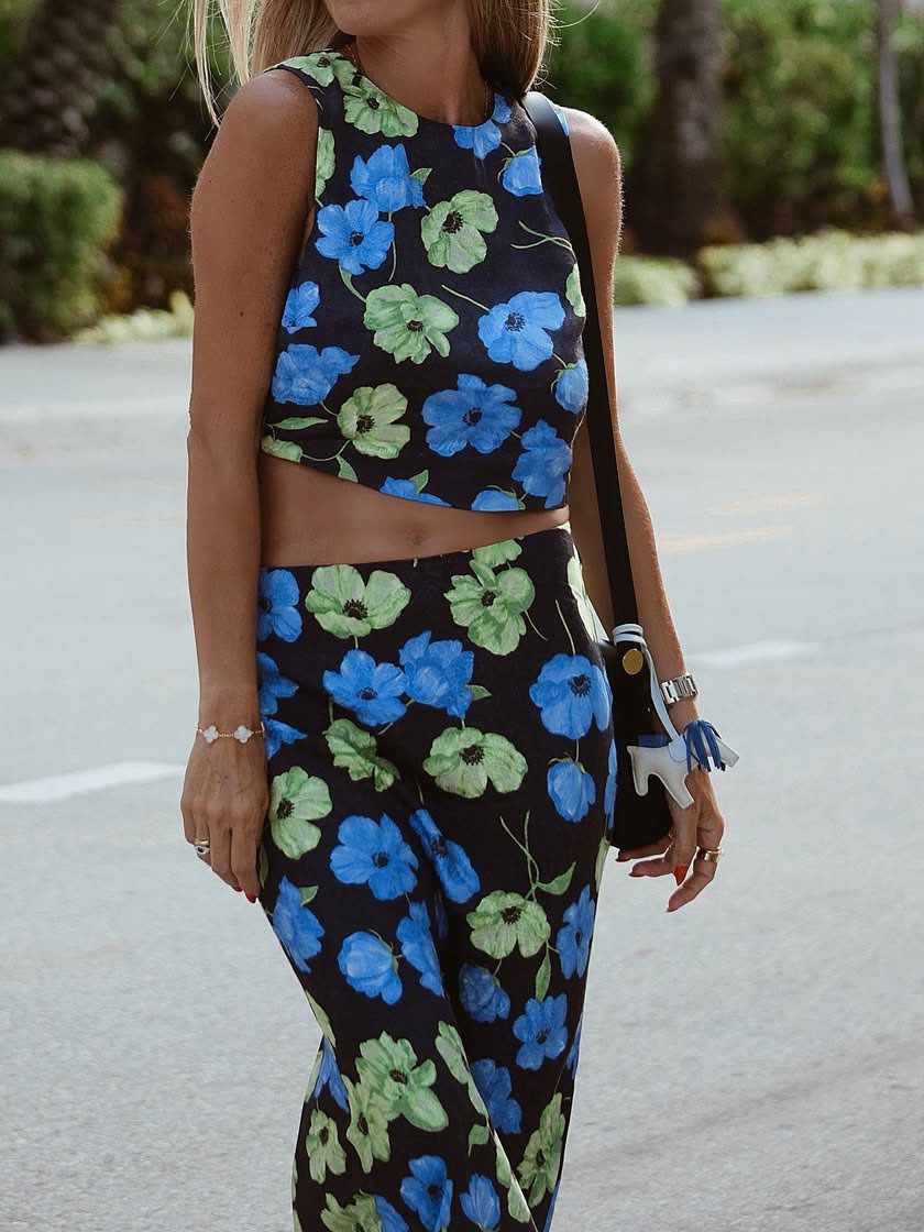 Floral-Print Open-Back Cropped Blouse