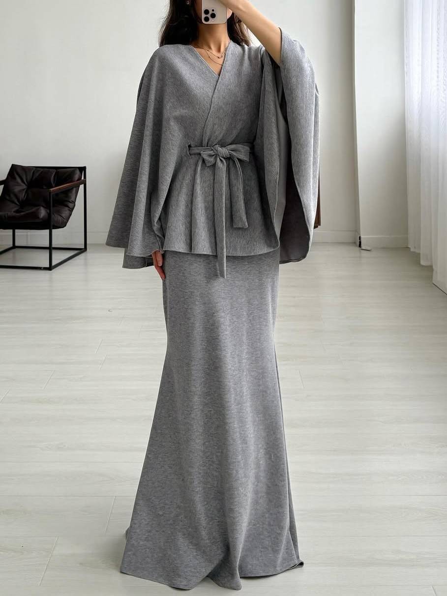 Lace-Up Long Sleeve Top And Skirt Set