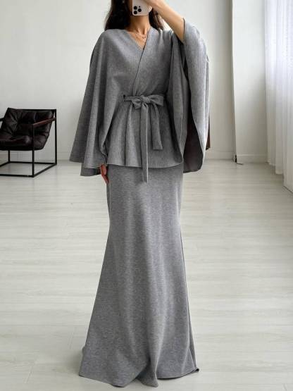 Lace-Up Long Sleeve Top And Skirt Set