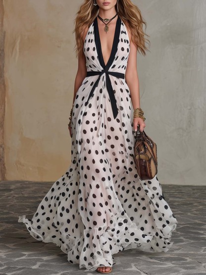 Elegant Polka Dot Halter Neck Plunge Maxi Dress