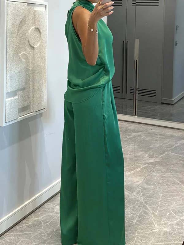 Elegant Halter Neck Swing Collar Top And Wide Leg Pants Suit-Pants