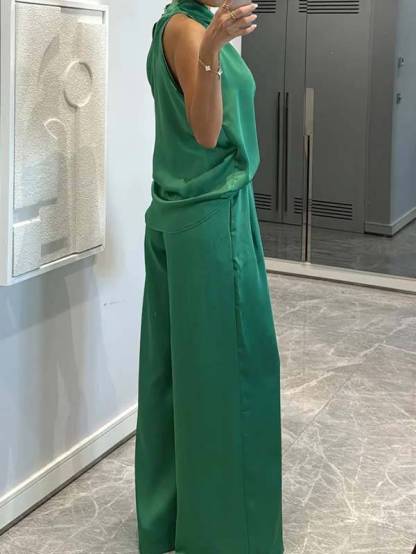 Elegant Halter Neck Swing Collar Top And Wide Leg Pants Suit-Pants