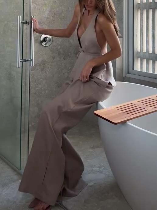 Elegant Halter Neck Lace-up Top And Wide Leg Pants Suit-Top