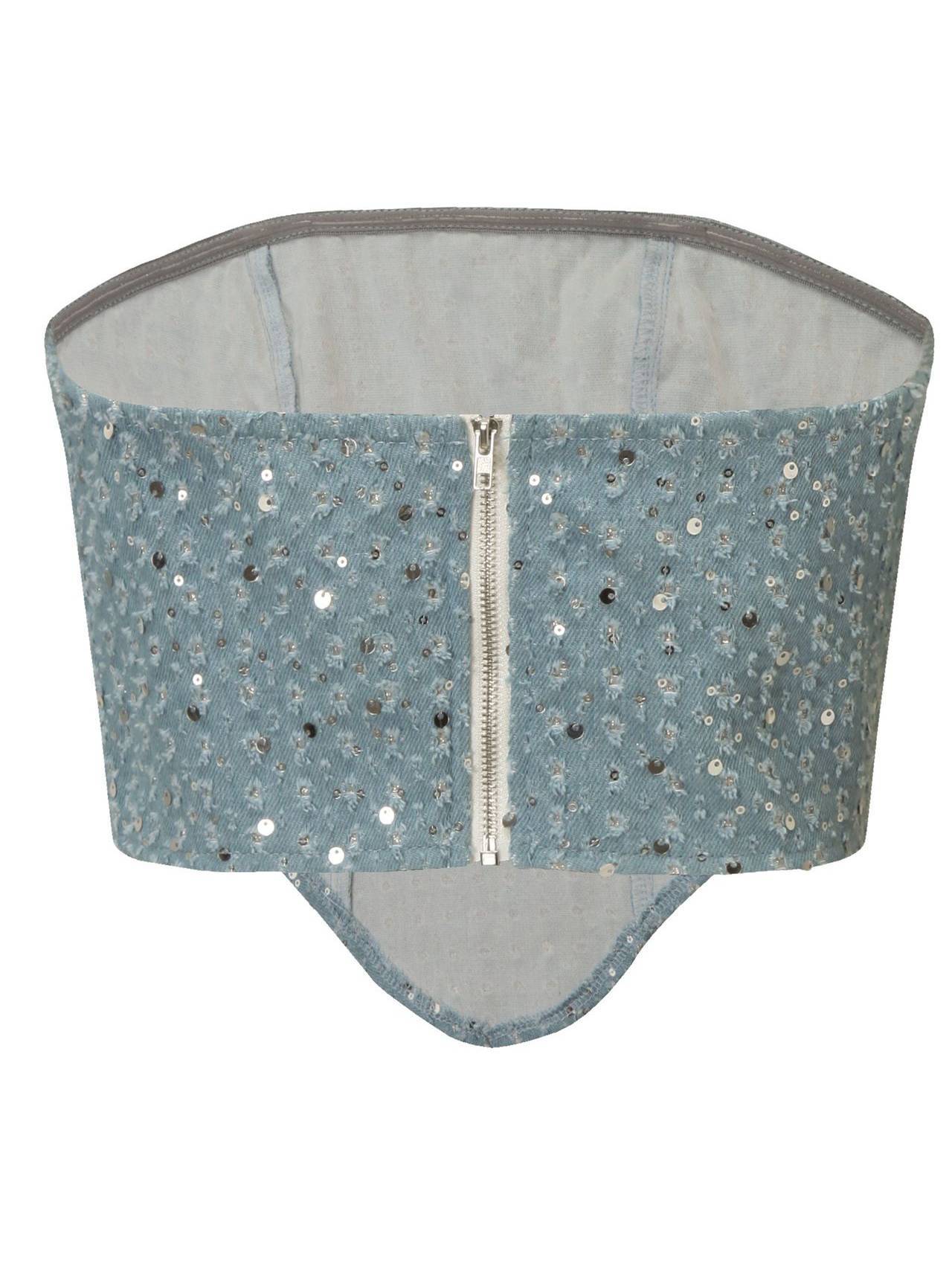 Denim Sequined Tube Top Wide-leg Pants Suit