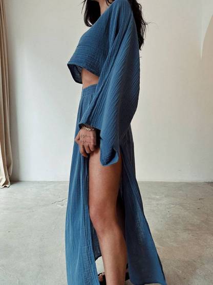 Loose Top and Slit Wide Leg Pants Set