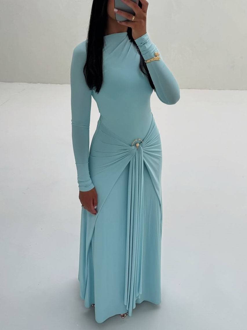Metal Buckle Design Long Sleeve Maxi Dress