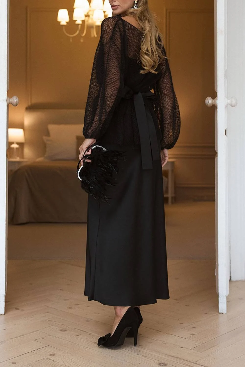 Champagne Open Knit Sweater and Satin Midi Skirt Two Piece Set with Feather Belt