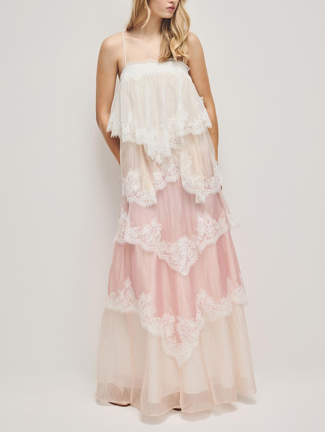 Ombre Tiered Lace Trim Spaghetti Strap Maxi Dress