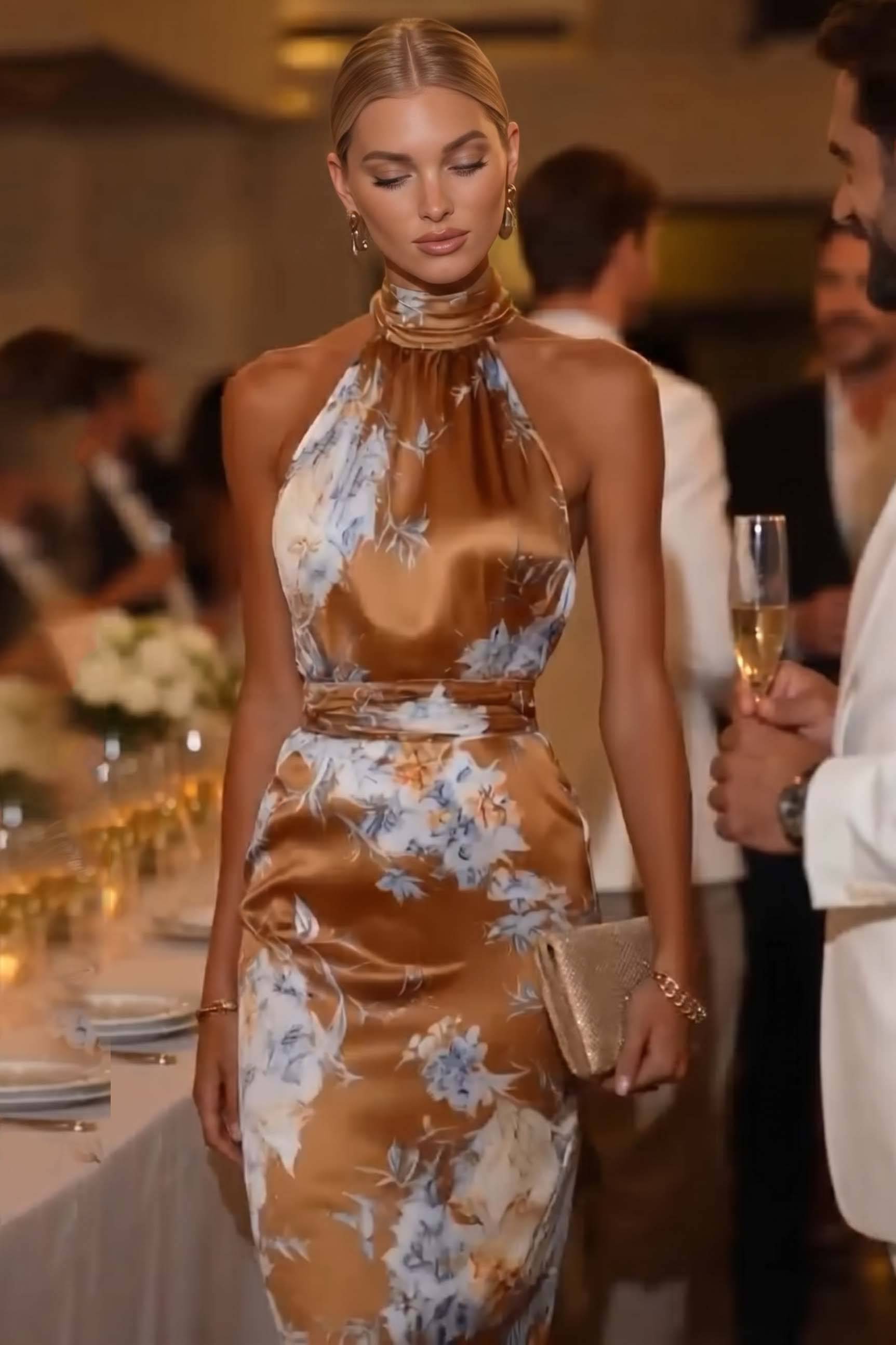 High-Waisted Sleeveless Printed Midi Dress