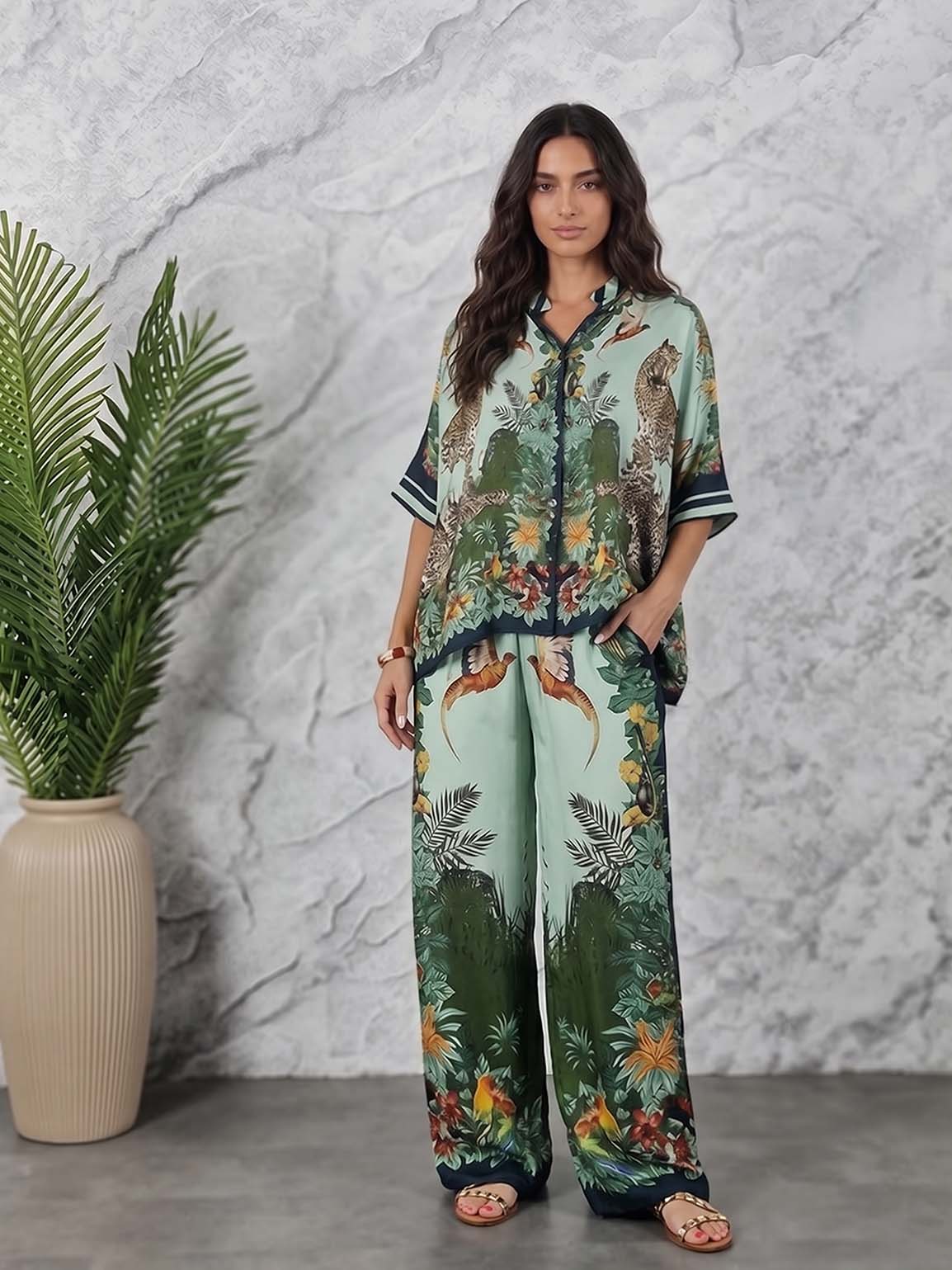 Exotic Jungle Print Batwing Sleeve Shirt & Wide Leg Pants Set