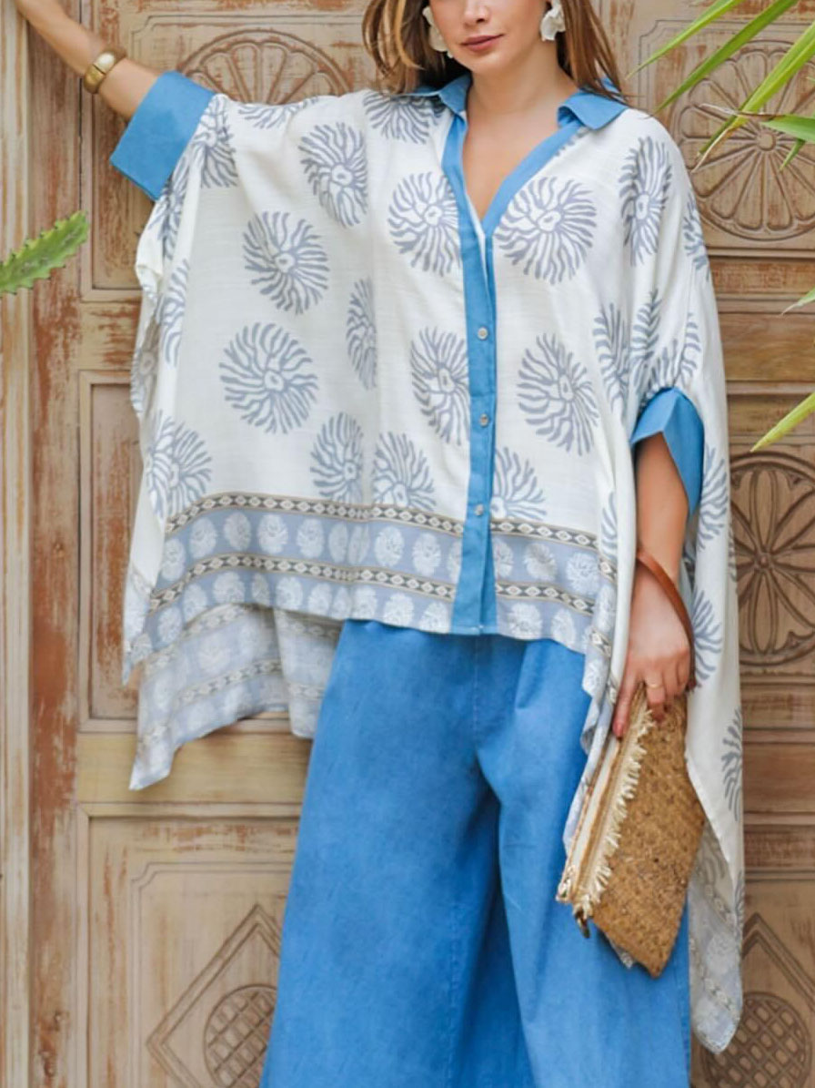 Casual Geometric Print Batwing Sleeve Lapel Shirt & Jeans Two-Piece Set