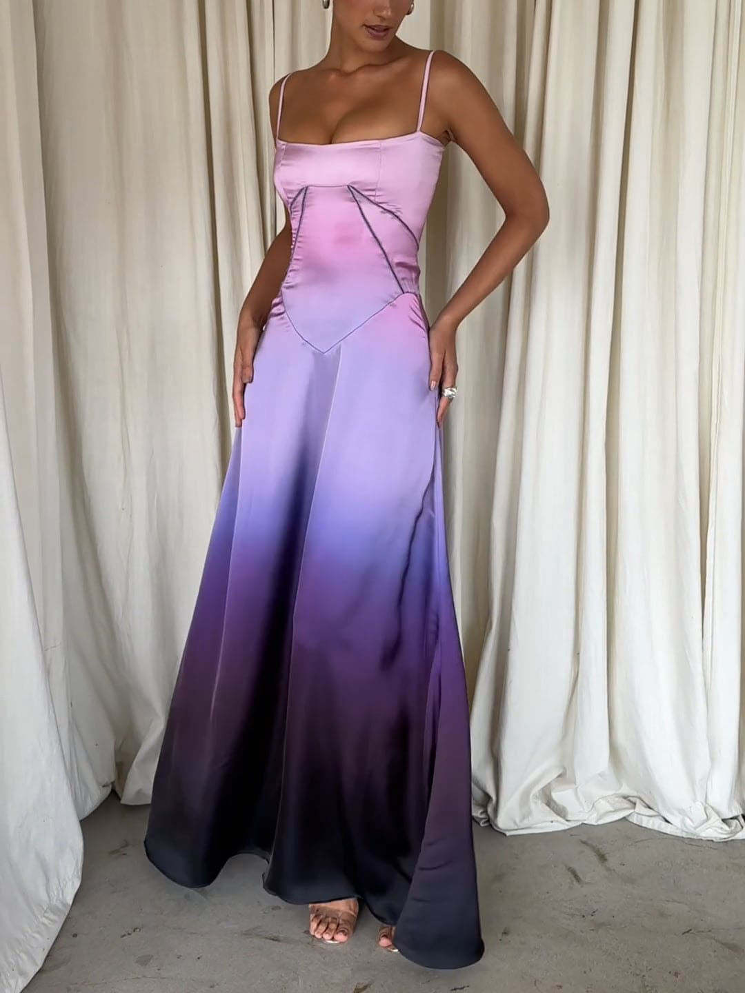 Unique Ombre Print Lace-Up Maxi Dress