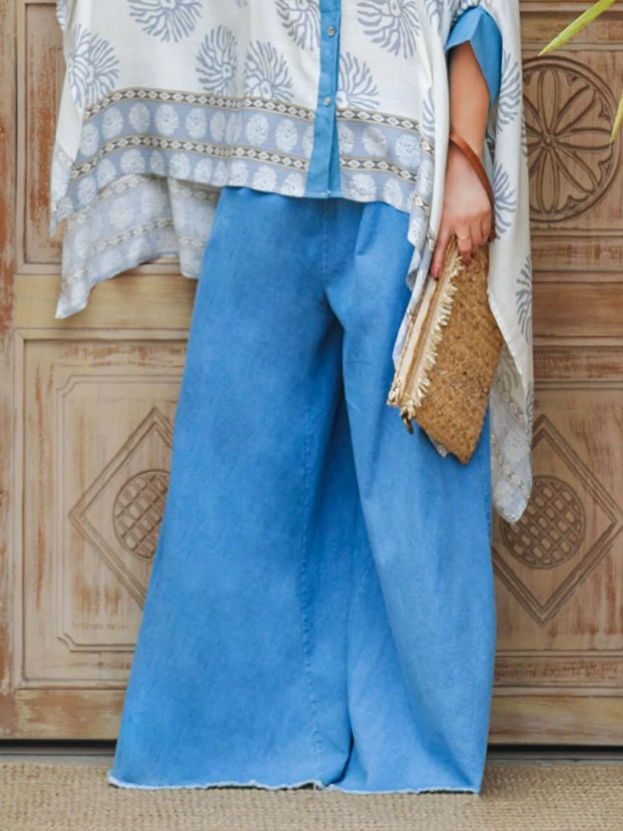 Casual Geometric Print Batwing Sleeve Lapel Shirt & Jeans Two-Piece Set