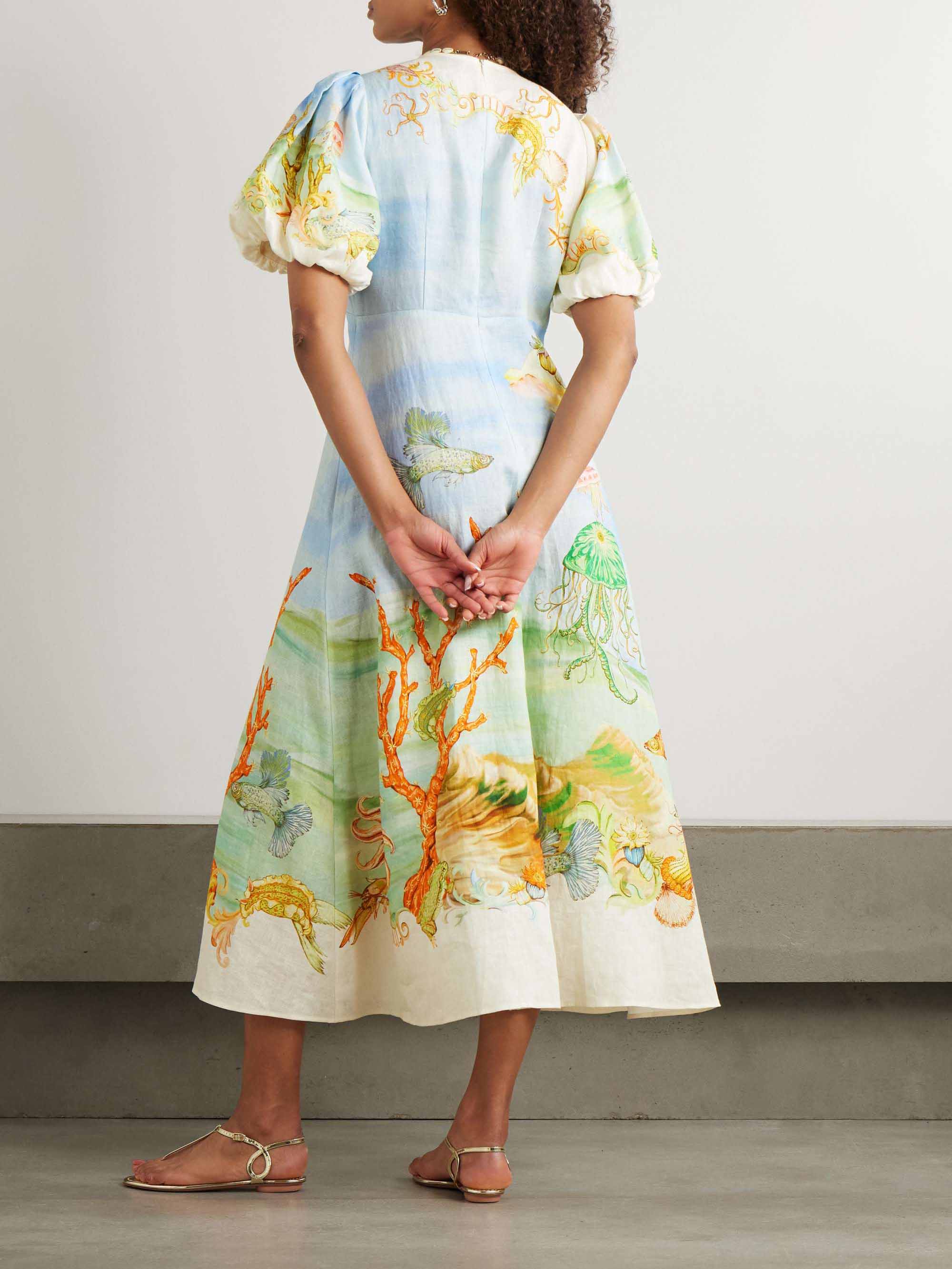 Unique Dream Ocean Print Puff Sleeve Midi Dress